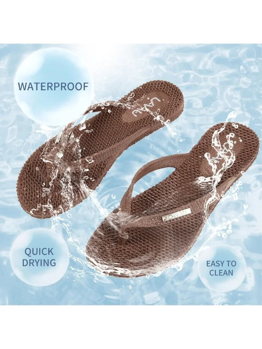 Women's Brown Rubber Sole Waterproof Non Slip Flip Flops Flat Thong Sandals